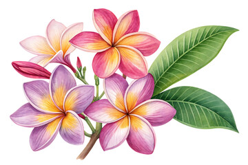 Fototapeta premium Photo of a beautiful watercolor illustration of a cluster of vibrant plumeria flowers in shades of pink, purple, and yellow, with green leaves, isolated on a transparent background