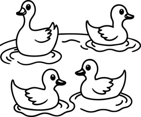 Fototapeta premium Cute kawaii a duck family is swimming in a tranquil pond cartoon character coloring page vector illustration