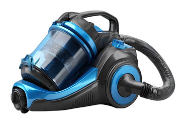 Modern canister vacuum cleaner, blue and black, angled view