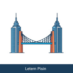 Graphic illustration of two buildings connected by a bridge on white background.