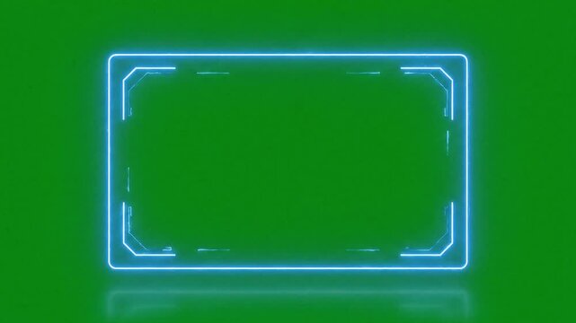 futuristic hud frame, glowing blue rectangular interface element on green screen background used for sci fi video overlays digital tech animations and high tech user interface visuals

