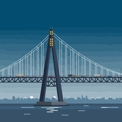 Obraz premium Bridge over water with city skyline in the background under a blue sky.