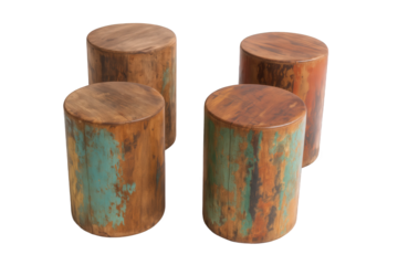 Rustic Wooden Log Stools with Distressed Teal and Orange Patina, Set of Four