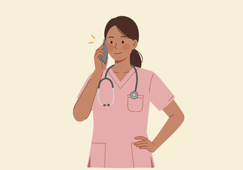 Smiling Nurse in Pink Scrubs Talking on Phone with Stethoscope
