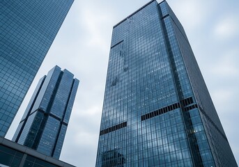 Modern glass skyscrapers reaching towards a cloudy sky, representing business and finance