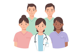 Diverse Team of Healthcare Professionals in Uniforms, Cartoon Style