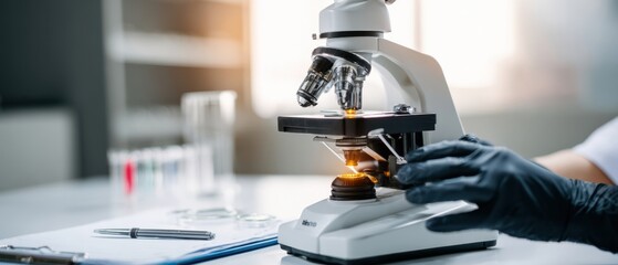 The microscope is focused on samples in a professional laboratory setting.