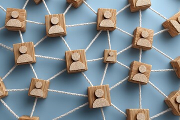 Textured Wooden Person Icons Interconnected by Ropes on Blue
