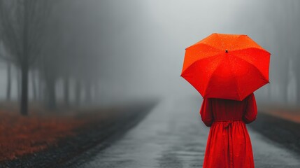 Person with vibrant red umbrella on foggy road, back view