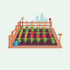 Naklejka premium Raised garden bed with plants and fence against a city skyline backdrop.