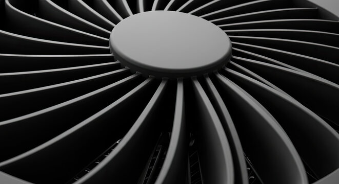 Closeup of a Gray Industrial Fan with Curved Blades.