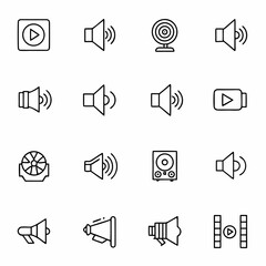 Collection of audio video multimedia icons speaker megaphone camera play button sound system line art vector 100