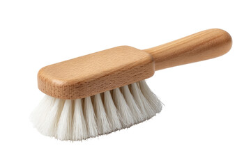 Small, rectangular brush with a light-brown wooden handle.  White, soft bristles.  Simple, practical design.  Isolated on black background