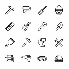 Vector outline icon set of construction tools and equipment for building and repair work design 100 character