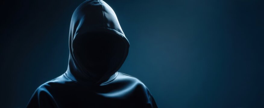 The hooded figure shrouded in mystery and darkness against a blue background.
