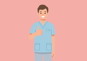 Cartoon Doctor Giving Thumbs Up in Blue Scrubs on Pink Background