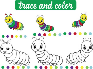 Cute kawaii caterpillar cartoon character coloring page vector illustration. Wild animal, insect colouring page for kids