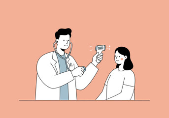 Doctor taking patient's temperature with digital thermometer in clinic illustration