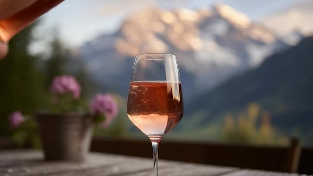bing rose wine pouring from bottle Snow Mountain Nature background