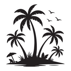 Obraz premium Tropical Island Silhouette with Palm Trees Beach Chair and Umbrella vector illustration