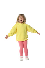 Happy little girl dancing on white background