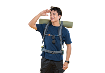A male hiker with a backpack on his back is looking into the distance with his hand on his forehead on png background