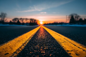 Empty road stretches to a vibrant sunset