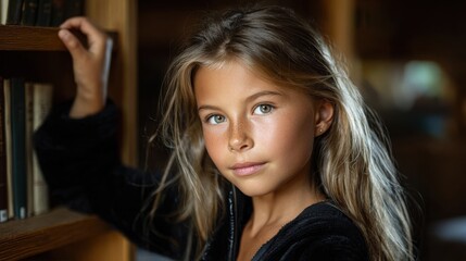 Fototapeta premium Girl browsing vintage books in school library
