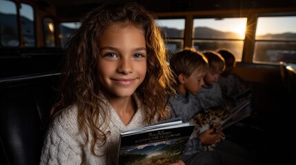 Multicultural kids swap books on yellow school bus, girls, together, group, lifestyle