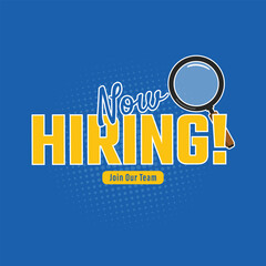 We are hiring banner with magnifying glass and blue background
