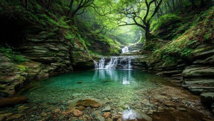 Obraz premium Lush green forest, tranquil waterfall, crystal-clear pool