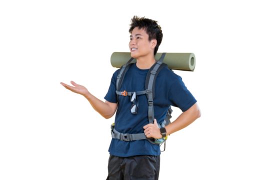 A hiker stands ready for adventure, backpack and mat ready with gesture pose on png background