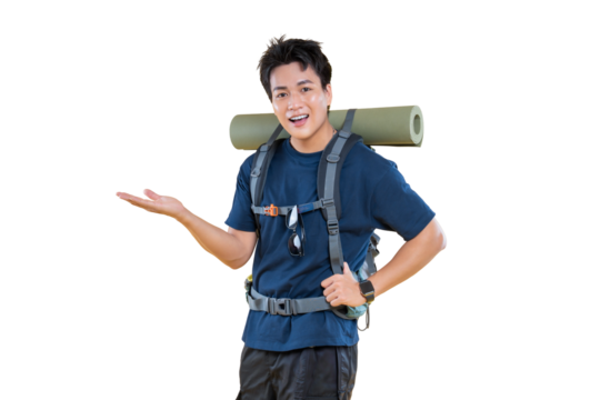 Young man hiker with a backpack presenting and showing gesture on png background