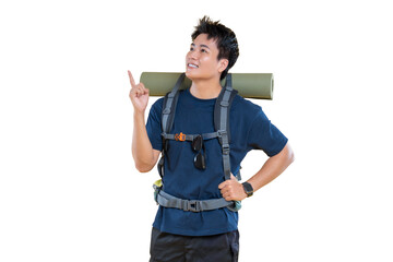 A young traveler is pointing with one finger upward while looking up, showcasing a backpack, ready...