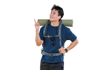 A young traveler is pointing with one finger upward while looking up, showcasing a backpack, ready to explore and travel.