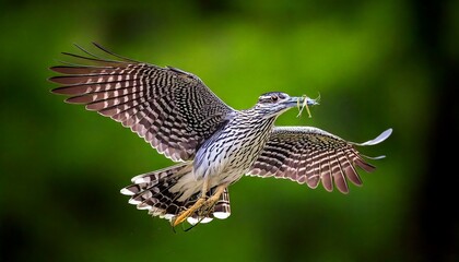 Fototapeta premium Greater Roadrunner in Flight with a Grasshopper