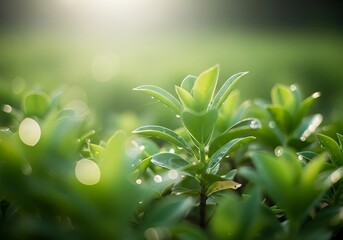 Dew kissed shrubbery in morning light evokes freshness and natural beauty