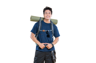 A smiling hiker ready for an adventure with a backpack and mat. He is wearing casual clothes and ready to explore outdoors on png background