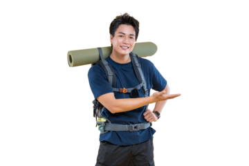 An adventurous hiker with a backpack and a roll mat invites you to explore new territories on png background