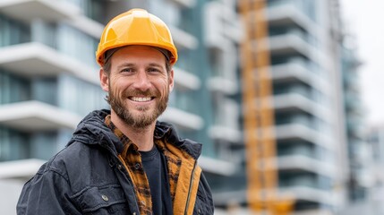 Smiling construction worker with hard hat in front of modern building. Ideal for portraying construction, architecture, or skilled trades concepts.