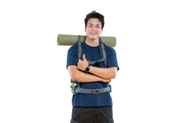 A young backpacker poses, conveying a sense of preparedness and adventure on png background