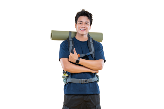 A young backpacker poses, conveying a sense of preparedness and adventure on png background