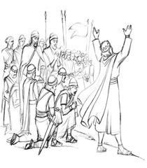 Pencil drawing. Warriors pray to God