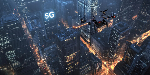 Futuristic Cyberpunk Cityscape with 5G Network Visualization: Drone's Eye View of Interconnected Skyscrapers. Abstract Commercial Background for Tech Posters, Digital Banners, and AI-Generated Wallpap