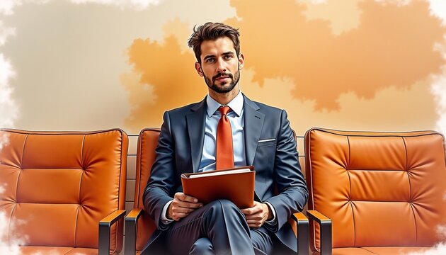 Expressive job candidate in business suit clutching portfolio on lap while sitting in waiting room with watercolor background