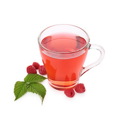Tasty raspberry tea, berries and leaves isolated on white