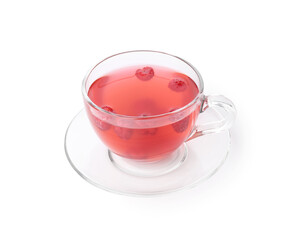Tasty raspberry tea in glass cup isolated on white