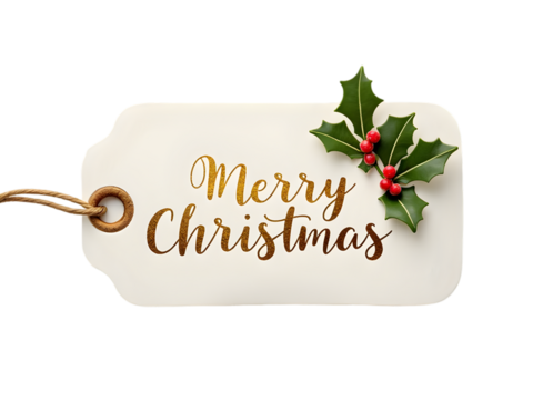 Gold Merry Christmas Gift Tag with Holly Berries and Twine isolated on a transparent background label