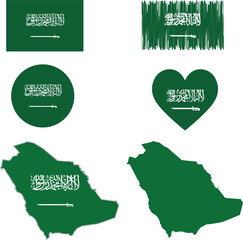 Saudi Arabia flag and map set. Saudi Arabia flag in official colours and proportions. independence day 23 September, map, circle and heart shaped Saudi Arabia