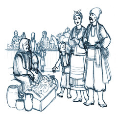 Pencil drawing. People on the market